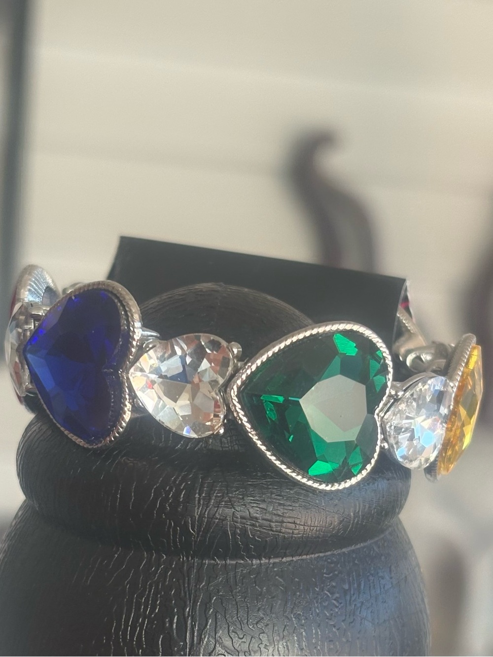 Multicolor Heart Crystal Stretch Bracelet - Green, Blue, Clear, Yellow